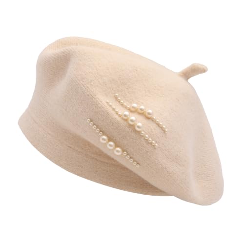 ZLYC Women French Beret Hat Winter Knitted Stretchable Beret Artist Cap - color: Side Pearls Beige