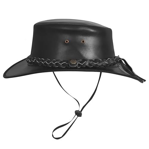 Black Leather Cowboy Hat – Australian Outback Style Western Hats for Men Leather Rancher Hat with Braided Band - size: Medium