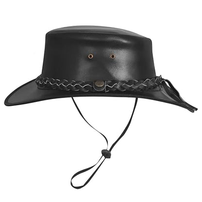 Black Leather Cowboy Hat – Australian Outback Style Western Hats for Men Leather Rancher Hat with Braided Band - size: Medium