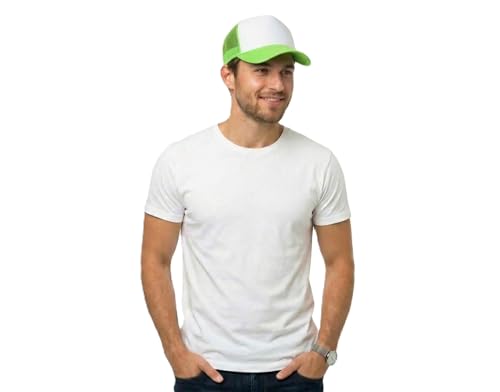 NYFASHION101 Plain Mesh Trucker Hat - Breathable 6-Panel Daily Snapback Cap, Customizable Ideal for DIY Embroidery & Patches - color: Mc Neon Green/White