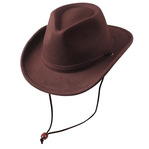 AQOKKA Cowboy Hat Wide Brim Western Cowgirl Hat with Buckle Belt Felt Fedora Cowboy Hat for Girl - color: Coffee