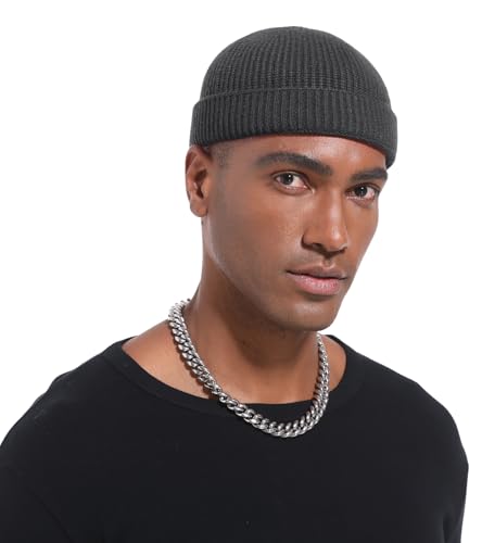 Wool Cuffed Beanie for Men Unisex Knit Watch Cap Thin Fisherman Beanies - color: Dark Grey