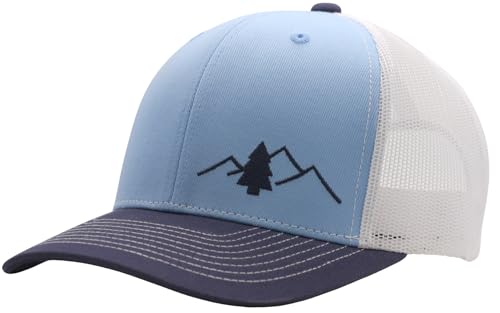 LINDO Trucker Hat [ Great Outdoors Design ] for Men and Women: Mid Profile Cap with Breathable Mesh Back and Adjustable Snap - color: Navy/Sky/White