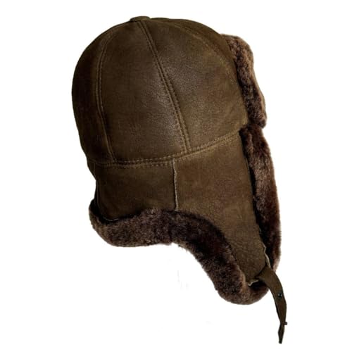 Leather Aviator Russian Ushanka Trapper Shearling Sheepskin Fur Ear Flap Waterproof Winter Hat - color: Whiskey Brown, size: Medium