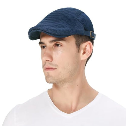 DIYDECAL Mens Breathable Mesh Summer Hat Adjustable Newsboy Beret Ivy Cap Cabbie Flat Cap - color: Navy Blue