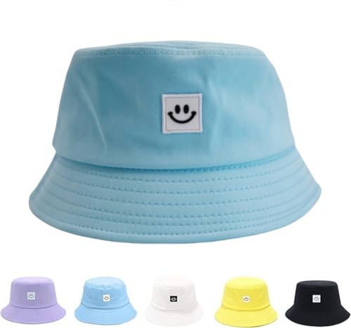 Kids Sun Hat Smile Face Bucket Hat for Girls Boys Summer Sun Protection Cotton Unisex Beach Cap - color: Turquoise