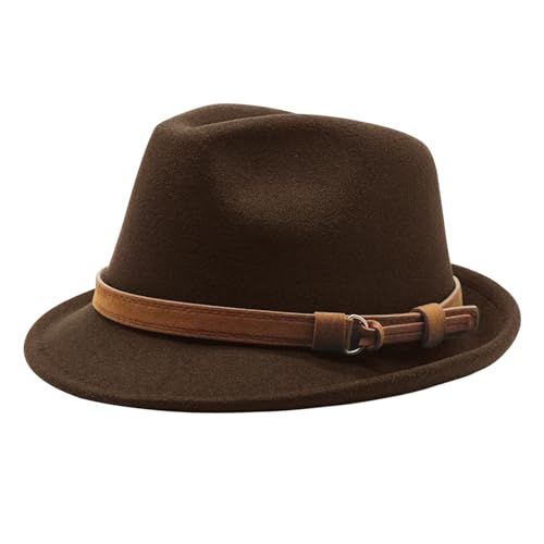 PURFUN Vintage Feather Felt Fedora Hat for Men Women Classic Short Brim Jazz Dance Party Wedding Trilby Bowler Panama Hat - color: Leather Band/Coffee