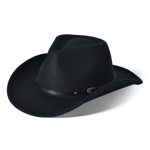 Classic Western Cowboy Hat Cowgirl Hat Unisex Men's & Women's Wide Brim Felt Fedora Hat Flat Top with Buckle Belt - color: Black 2#, size: 7-7 1/4