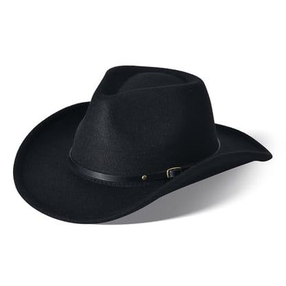 Classic Western Cowboy Hat Cowgirl Hat Unisex Men's & Women's Wide Brim Felt Fedora Hat Flat Top with Buckle Belt - color: Black 2#, size: 7-7 1/4