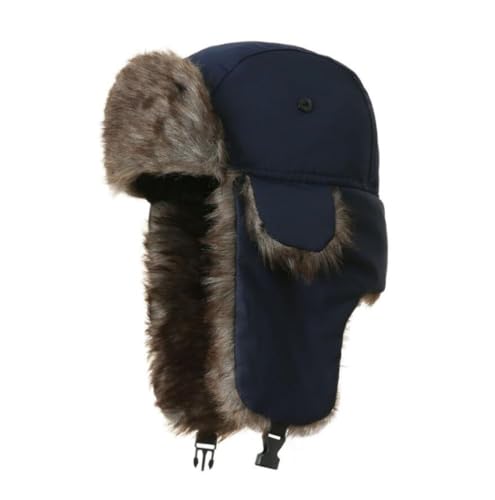 Trapper Hat Warm Faux Fur Winter Hat with Ear Flaps Windproof Waterproof Snow Ski Hats for Men Women Cold Weather - color: Navy Blue