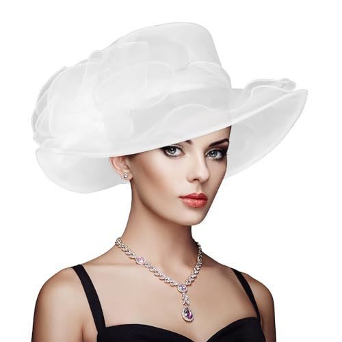 Derby Hats for Women 2025 Equestrian Derby Tea Party Fascinators Wide Brim - color: White