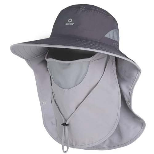 UPF 50+ Sun Hats for Men Women, Wide Brim & Face Neck Flap Fishing Hat, UV Protection Summer Hat for Fishing Hiking Outdoor - color: Dark Gray