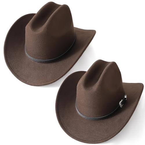 2pcs Western Cowboy Hat for Men Women Black Cowgirl Hat Felt Fedora Country Cow Girl Hats with Belt Buckle Party - color: 2pcs Brown