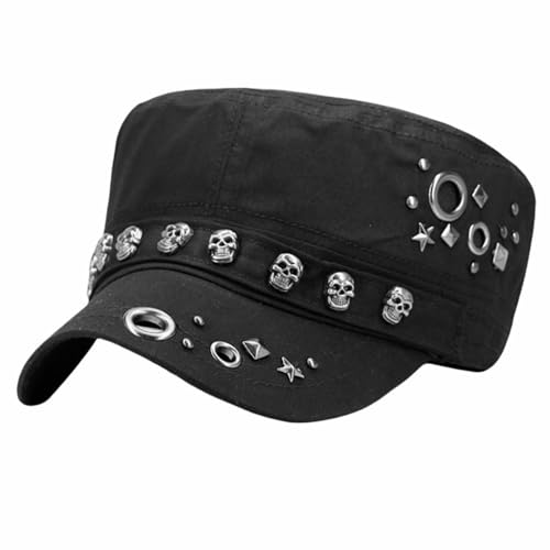 Oversize Cadet Hat Women Hip Hip Punk Rock Rivet Cotton Baseball Caps Big Head Men Army Sun Caps Dad Flat Top Fitted Hats - color: Black 1