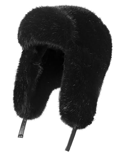 Trapper Hat with Ear Flaps - Winter Russian-Style Fur Pilot Ushanka, Windproof Skiing for Men & Women - color: Black02