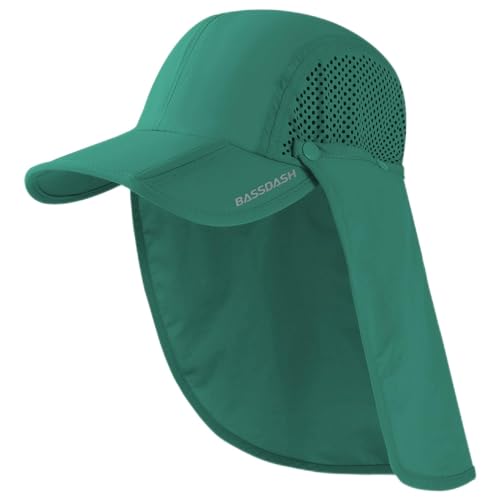 BASSDASH UPF 50+ Fishing Hat, Baseball Cap with Removable Neck Flap - color: Aqua Green With Foldable Brim