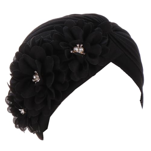 Flower Pre-Tied Turban Beanie, Soft Chemo Cap for Women Cancer Hair Loss - color: Black