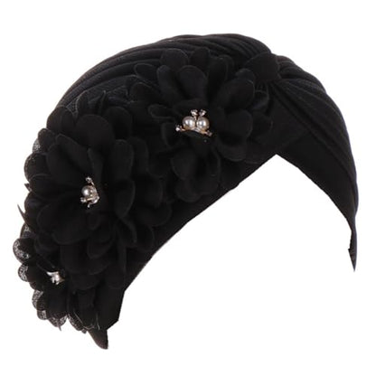 Flower Pre-Tied Turban Beanie, Soft Chemo Cap for Women Cancer Hair Loss - color: Black