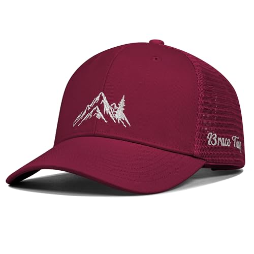 Mountain & Tree Outdoor Trucker Hat for Men Women, Embroidery Gift Baseball Cap for Hiking & Camping - color: 04.red-ren, size: Small