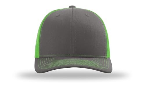 Richardson 112 Trucker Hat - Premium Blank Baseball Cap, Adjustable Snapback Hat - Structured Six Panel Richardson Blank Hats - color: Charcoal/Neon Green