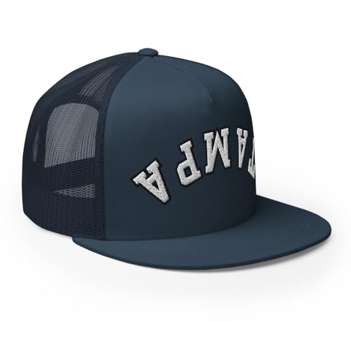 NX Upside Down Tampa Embroidered Flat Bill Trucker Hat High Crown Snapback Cap - color: Navy