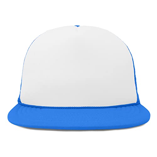 DALIX Flat Billed Trucker Hat Mesh Back S M L Adjustable Cap Solid Two Toned Snapback - color: Neon-blue-white, size: One Size