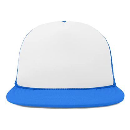 DALIX Flat Billed Trucker Hat Mesh Back S M L Adjustable Cap Solid Two Toned Snapback - color: Neon-blue-white, size: One Size