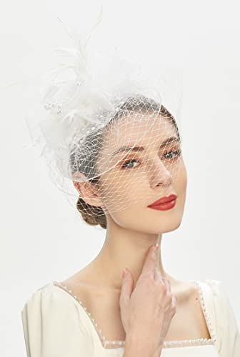 Kentucky Derby Fascinators for Women High Tea Party Hat Wedding Cocktail Flower Headware with Mesh and Feathers - color: A-white