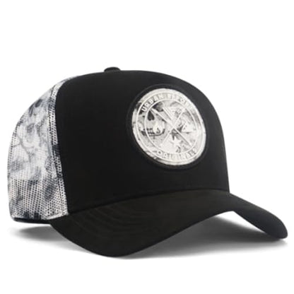 Urban Effort Trucker Hat for Men & Women, Mesh Back Baseball Cap, 5 Panel - color: Black + Skull Patch, style: Mesh Back
