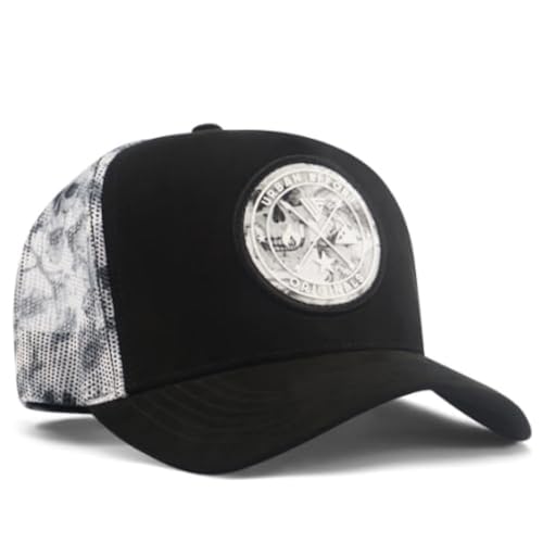 Urban Effort Trucker Hat for Men & Women, Mesh Back Baseball Cap, 5 Panel - color: Black + Skull Patch, style: Mesh Back