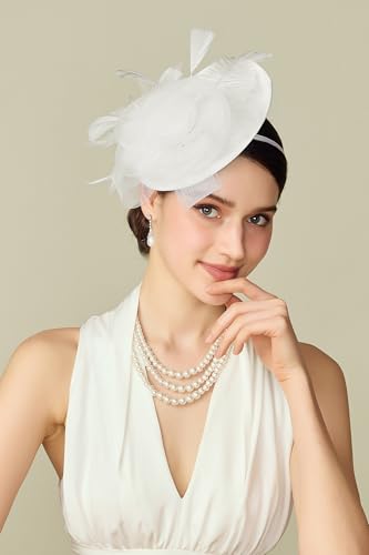 BABEYOND Fascinators Hats for Women Tea Party Mesh Flower Pillbox Derby Hat - color: White
