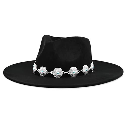 FLUFFY SENSE. Big Wide Brim Boho Western Hat for Women and Men - Felt Rancher Fedora Hat with 4 inches Flat Brim - color: Raven Black, size: Medium