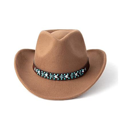 Western Cowboy Hat Felt Wide Brim Women Men Cowgirl Hats - color: X-beaded -Khaki