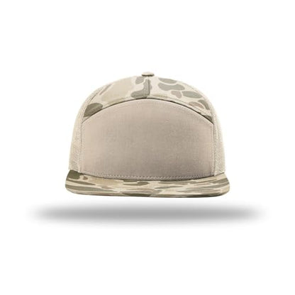 Richardson 168 Hi-Pro 7 Panel Adjustable Snapback Trucker Mesh Back Cap - color: Harvest Duck Camo/Sandstone