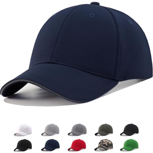 TSSGBL Men's Plain Baseball Hat - OSFM & XXL Big Head Fit，Adjustable Structured Ball Cap with Reflective Sandwich Brim - color: Navyblue, size: Medium-Large