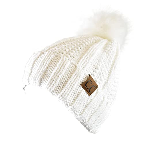 C.C Thick Cable Knit Faux Fuzzy Fur Pom Fleece Lined Skull Cap Cuff Beanie - color: Chenille White