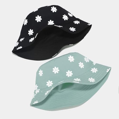 Bucket Hat for Women Men, Cotton Reversible Double Side Wear Sun Hats Beach Fisherman Hat - color: Flower Green