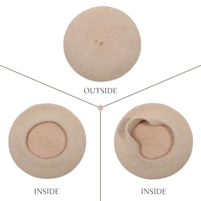 Women French Wool Beret Hats - Solid Color Classic Beanie Winter Cap - color: Beige