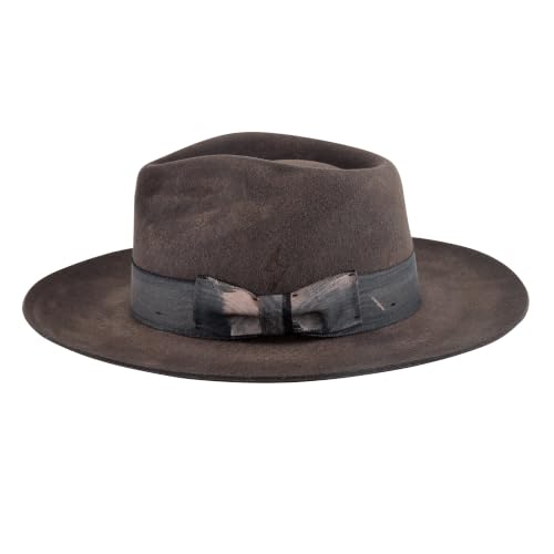 RUEDIGER Vintage Wide Brim Fedora Hats 100% Wool Stiff Felt Hat Rancher Hat with Lightning Logo Handmade Distressed/Burned - color: Shadow, size: 7 5/8
