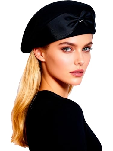 HIMESPORT Wool Felt Beret Hat for Women - Bowknot Bead Decor, Winter Church Tea Party Fascinator, Wedding Cocktail Dress - color: Black