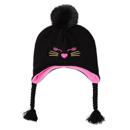 Toddler Girls Cat Ear Winter Hat Warm Knit Beanie Kids Earflap Cap for Cold Weather - color: Z - Pompom Style Black