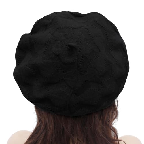 ZLYC Women French Beret Hat Reversible Solid Color Knit Warm Artist Cap - color: Cable Pattern Black
