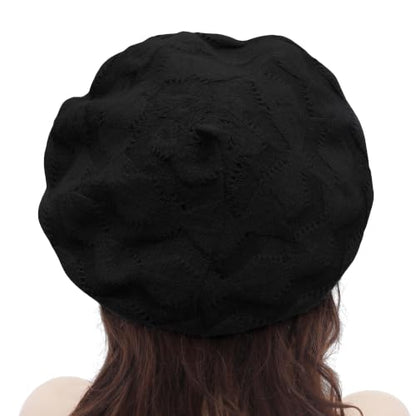 ZLYC Women French Beret Hat Reversible Solid Color Knit Warm Artist Cap - color: Cable Pattern Black