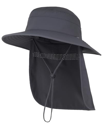 UPF50+ Sun Hat for Men Women,UV Protection Wide Brim Mesh Fishing Hat with Neck Flap for Outdoor Hiking - color: Dark Gray