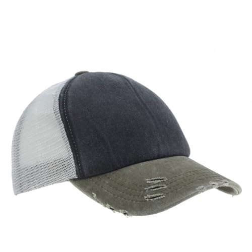 The Vintage Year Plain Cotton Structured Mesh Adjustable Trucker Sports Baseball Cap - color: Distressed Olive Green/Charcoal Gray/Gray