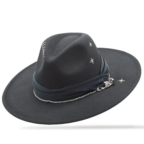 OIERFE Fedora Hat for Men & Women - 3.34 Inch Wide Brim Hat for Outdoor,Original Design Felt Hat with Gift Ready Packaging - color: Black-star