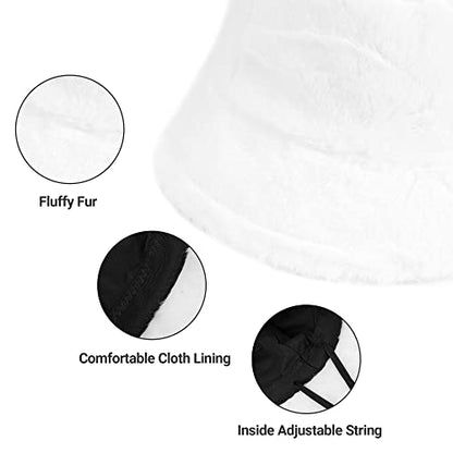 Umeepar Winter Faux Fur Fuzzy Bucket Hat Fluffy Warm Hat for Women Men - color: Plain White