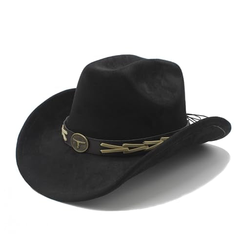 Western Cowboy Hat for Women Men with Band Wide Brim Suede Cowboy Cowgirl Hat Western Style Hat - color: Black