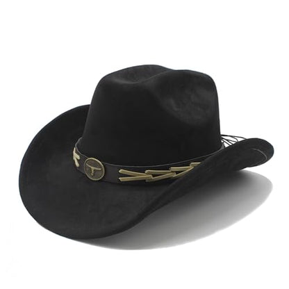Western Cowboy Hat for Women Men with Band Wide Brim Suede Cowboy Cowgirl Hat Western Style Hat - color: Black