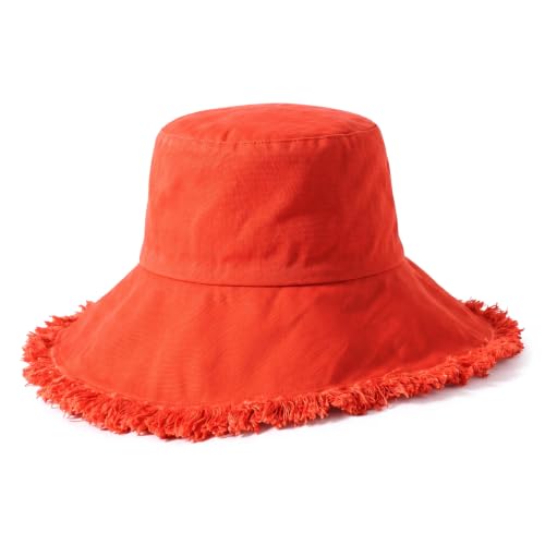 CHOK.LIDS Frayed Bucket Hat Washed Cotton Floppy Wide Brim Boonie Cap - color: Coral